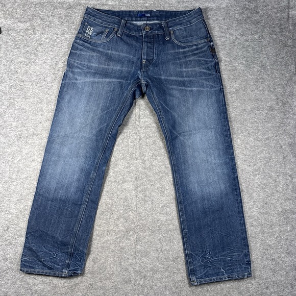G Star Raw Jeans Mens 33x30 Blue Attacc Slim Straight Whiskering Faded $190